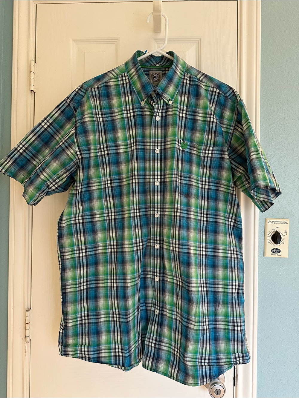 Cinch Shirt Mens Large Green/Purple /Blue Plaid Button Down Short Sleeve Western